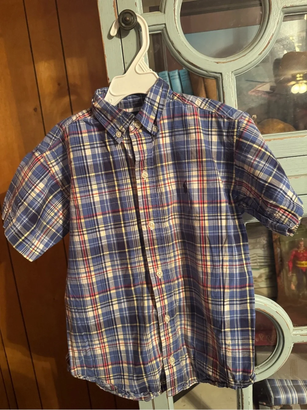 Kids Boys Blue Plaid Button-Down Shirt - Classic Short Sleeve Size 7 C2